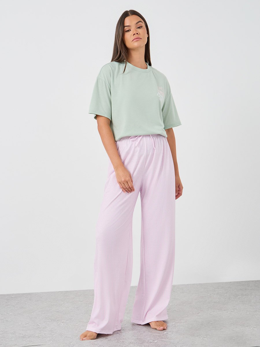 Slogan Print Short Sleeve T-Shirt and Pyjama Set