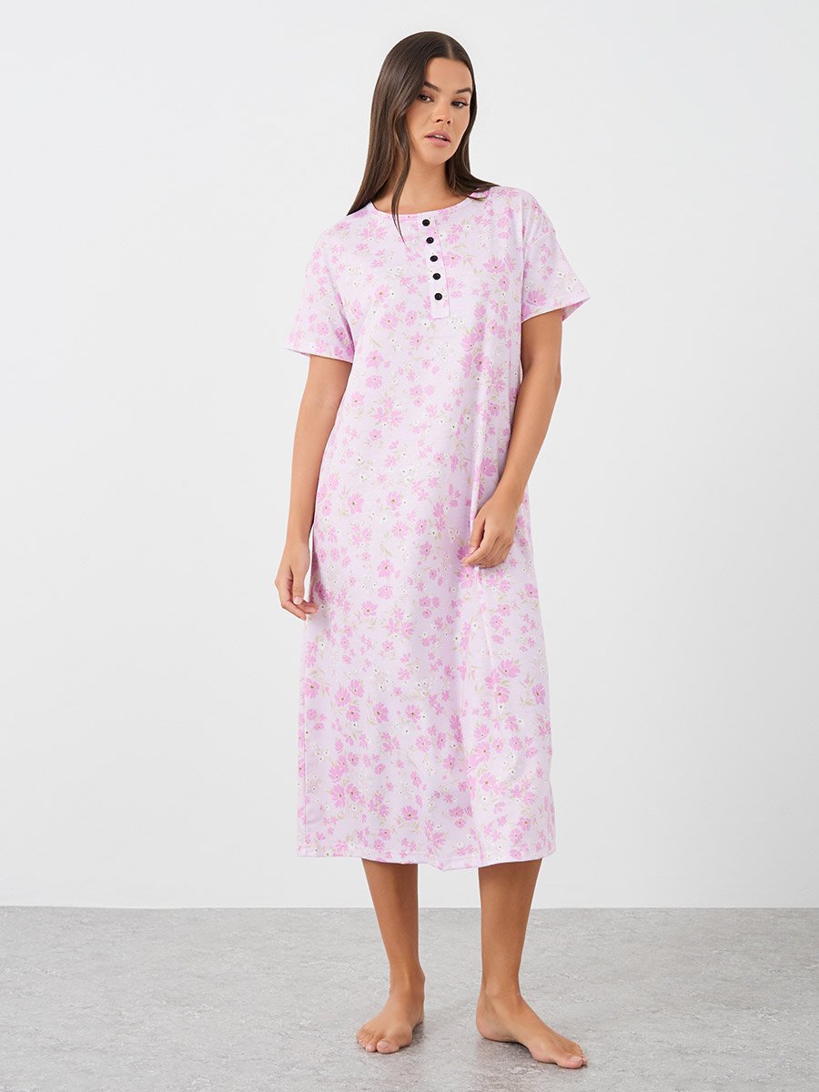 All-Over Print Short Sleeve Buttoned Night Dress