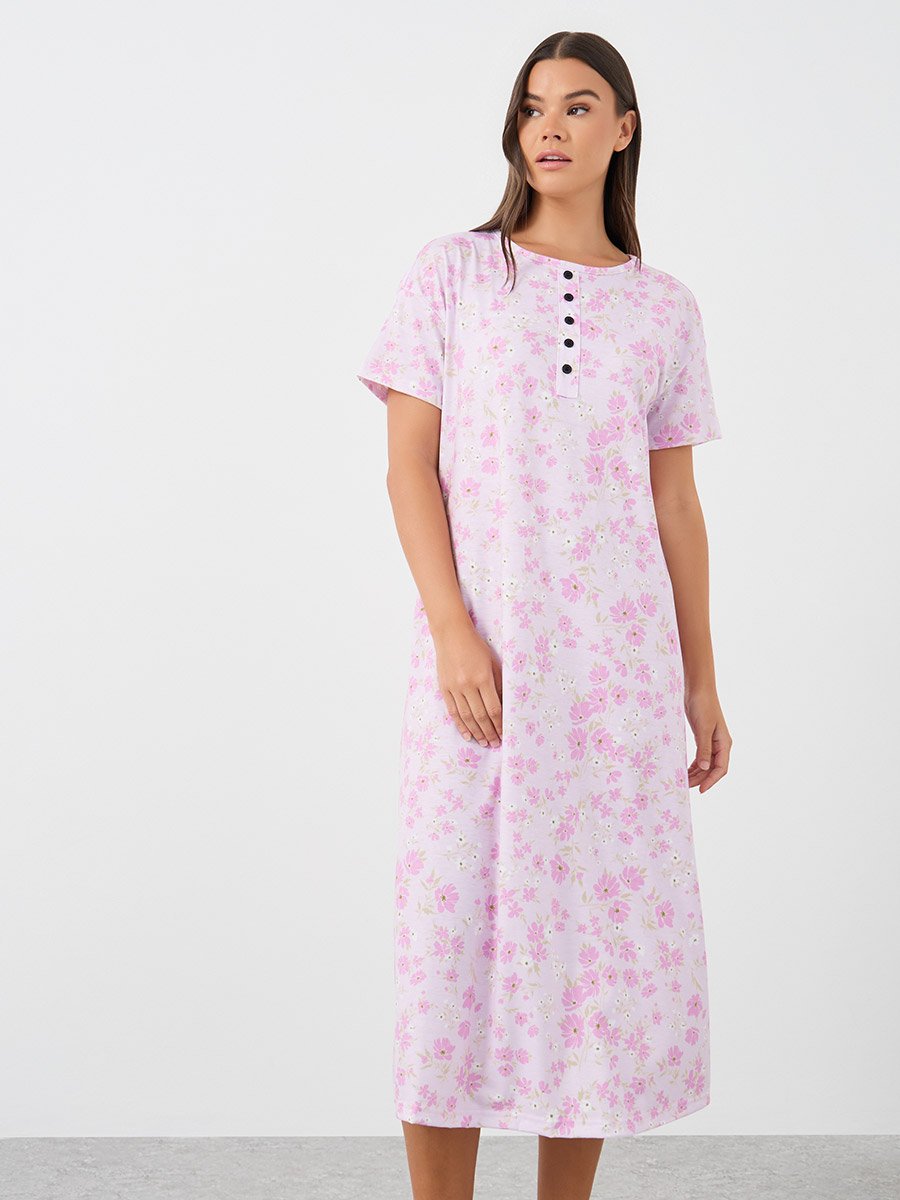 All-Over Print Short Sleeve Buttoned Night Dress
