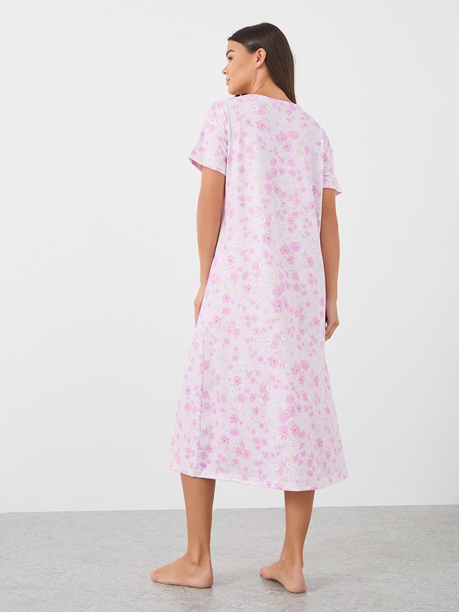All-Over Print Short Sleeve Buttoned Night Dress