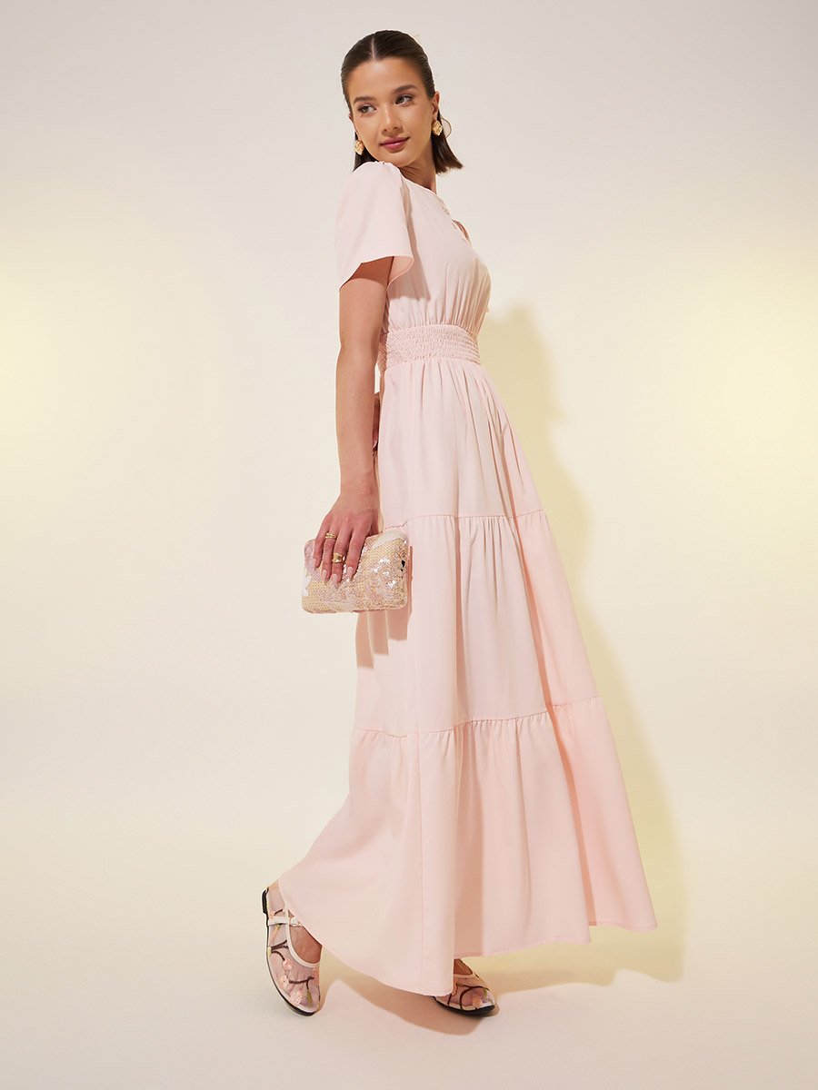 Solid Smocked Waist Puff Sleeves Tiered Maxi Dress
