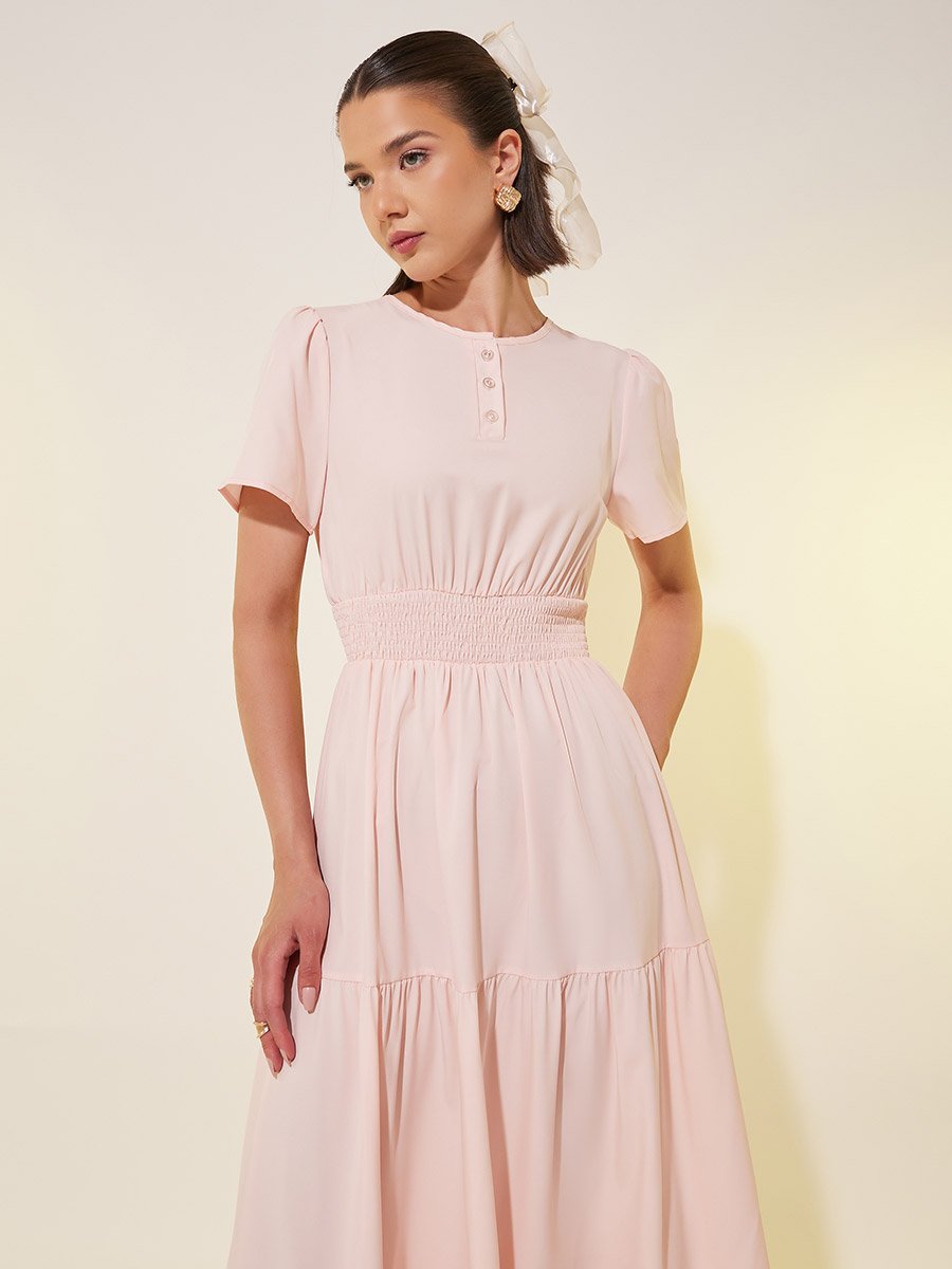 Solid Smocked Waist Puff Sleeves Tiered Maxi Dress