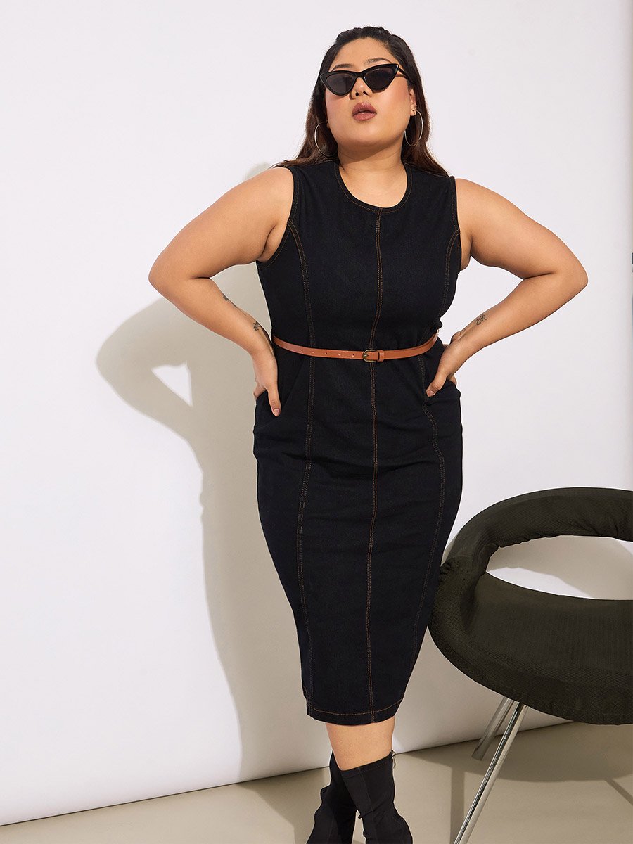 Plus Size Denim Sleeveless Belted Bodycon Midi Dress For Women at Qatar | Styli Plus Size Denim Sleeveless Belted Bodycon Midi Dress For Women at Qatar | Styli