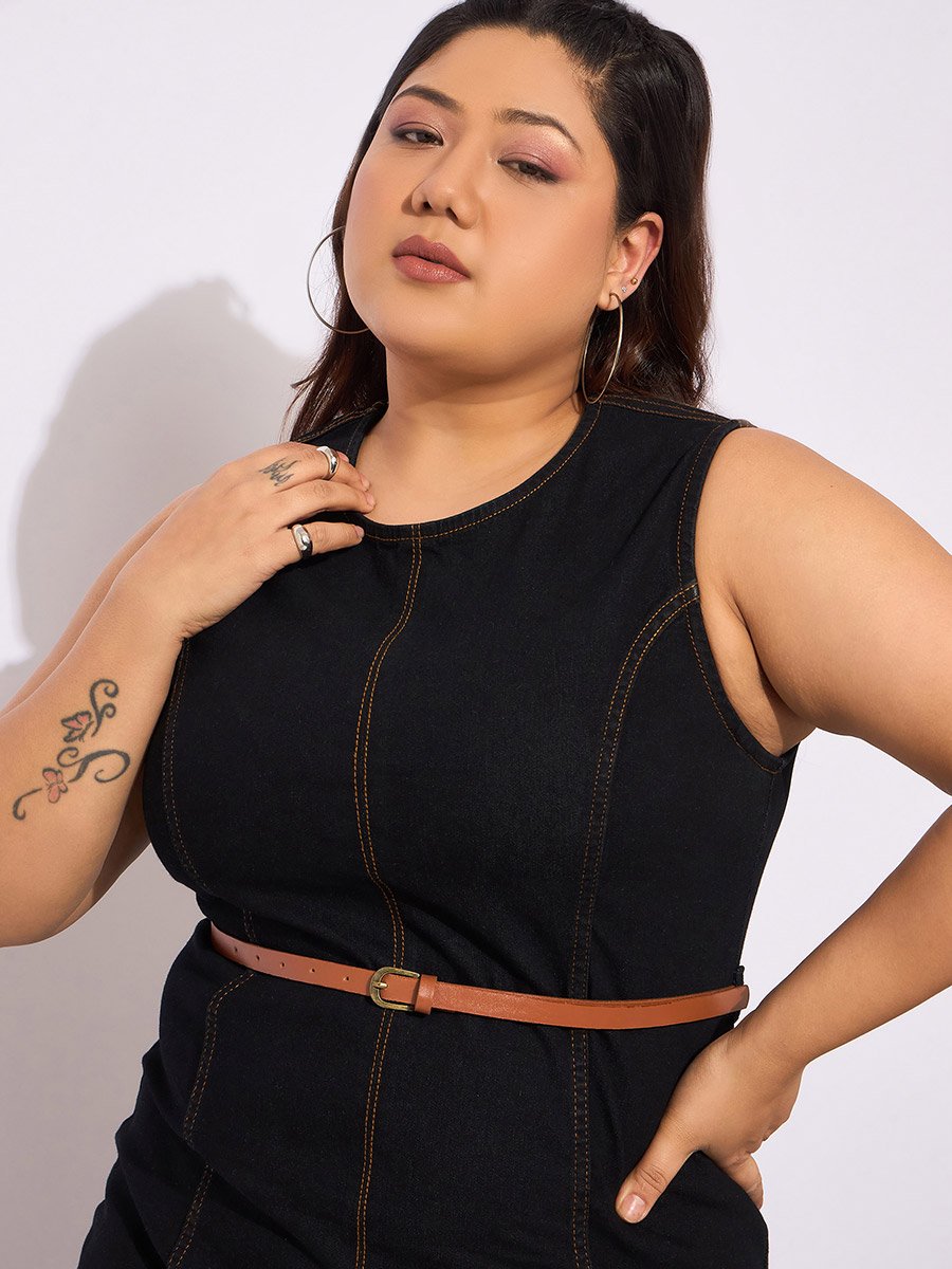Plus Size Denim Sleeveless Belted Bodycon Midi Dress For Women at Kuwait | Styli Plus Size Denim Sleeveless Belted Bodycon Midi Dress For Women at Kuwait | Styli