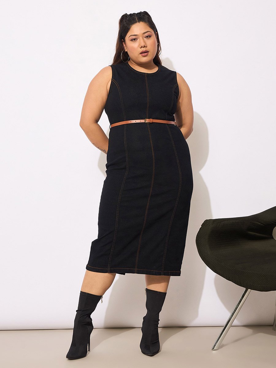 Plus Size Denim Sleeveless Belted Bodycon Midi Dress For Women at Qatar | Styli Plus Size Denim Sleeveless Belted Bodycon Midi Dress For Women at Qatar | Styli