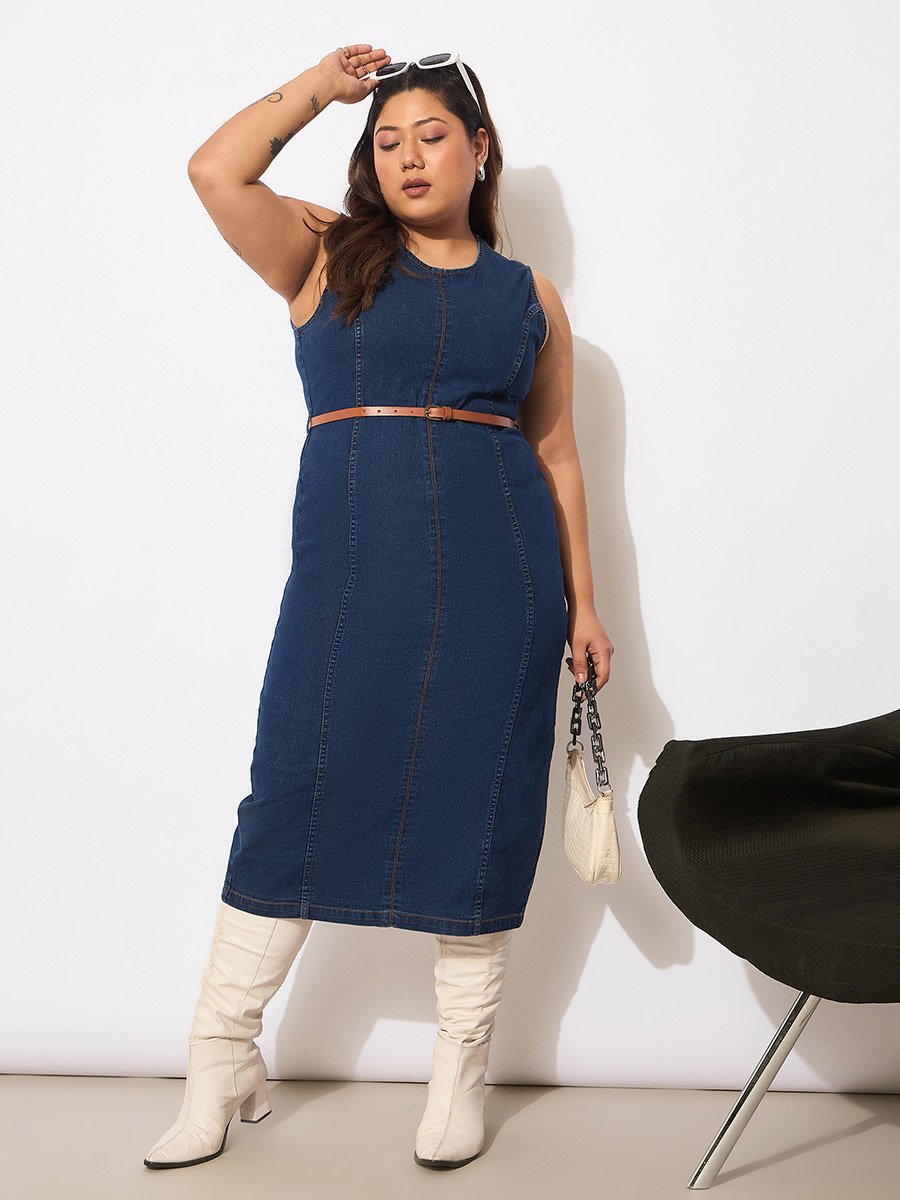 Plus Size Denim Sleeveless Belted Bodycon Midi Dress For Women at UAE
