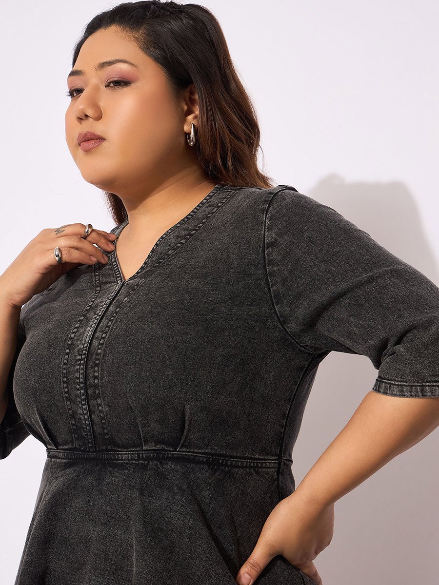 Plus Size Denim V-Neck Front Peplum Dress For Women at Bahrain | Styli