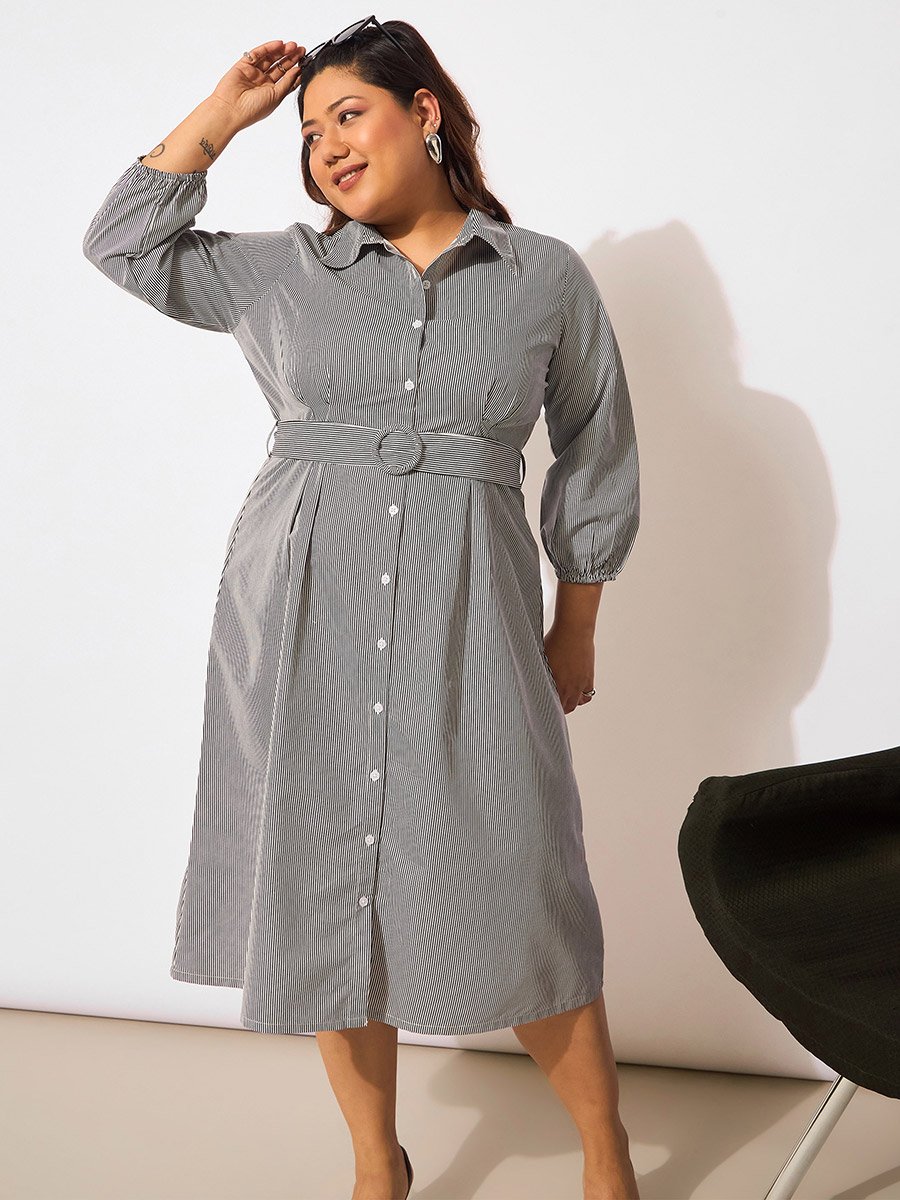 Plus Size Striped Belted Midi Shirt Dress