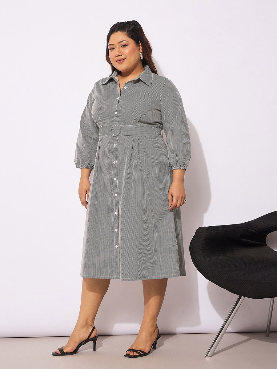 Plus Size Striped Belted Midi Shirt Dress