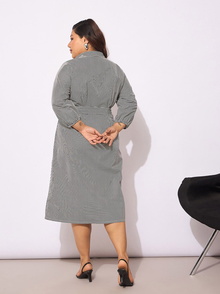 Plus Size Striped Belted Midi Shirt Dress