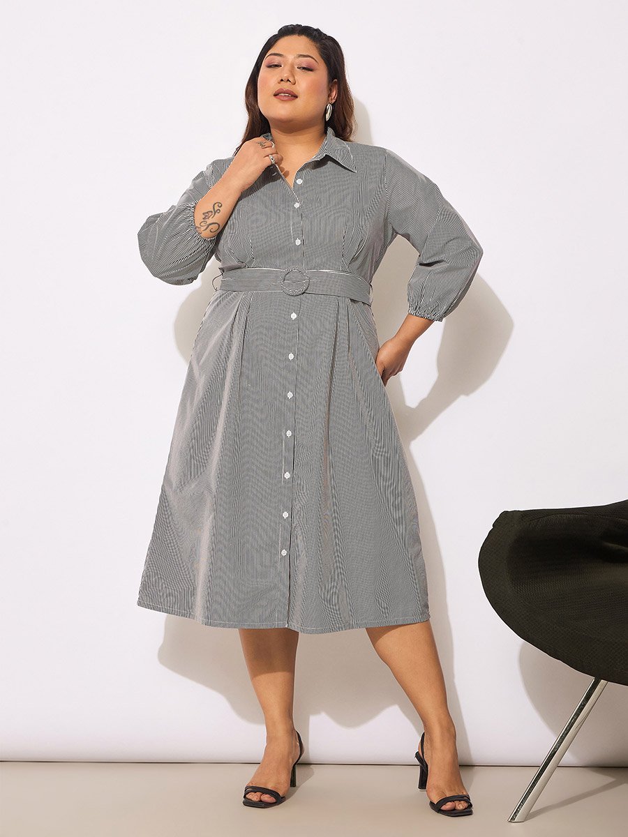 Plus Size Striped Belted Midi Shirt Dress