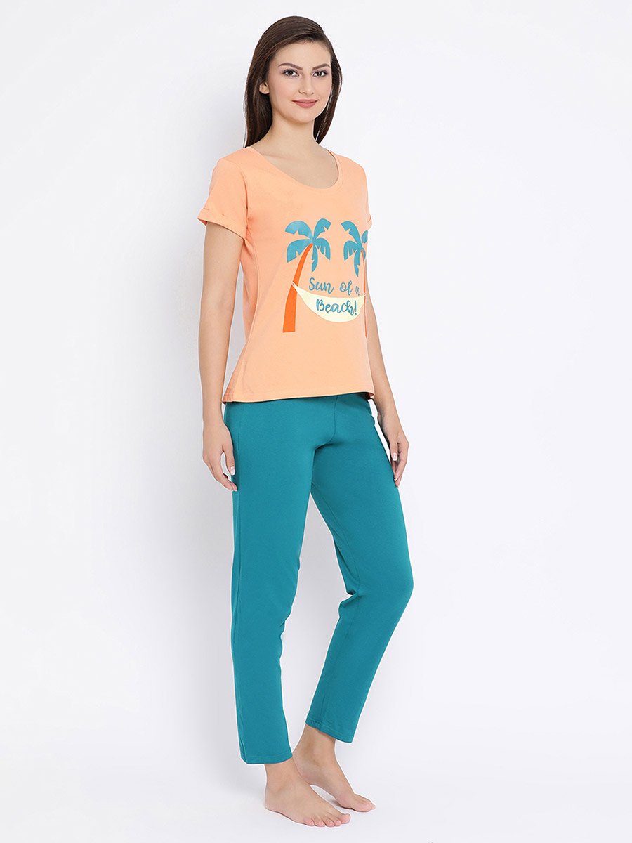 Women Cotton Rich Printed T-Shirt and Pyjama Set 