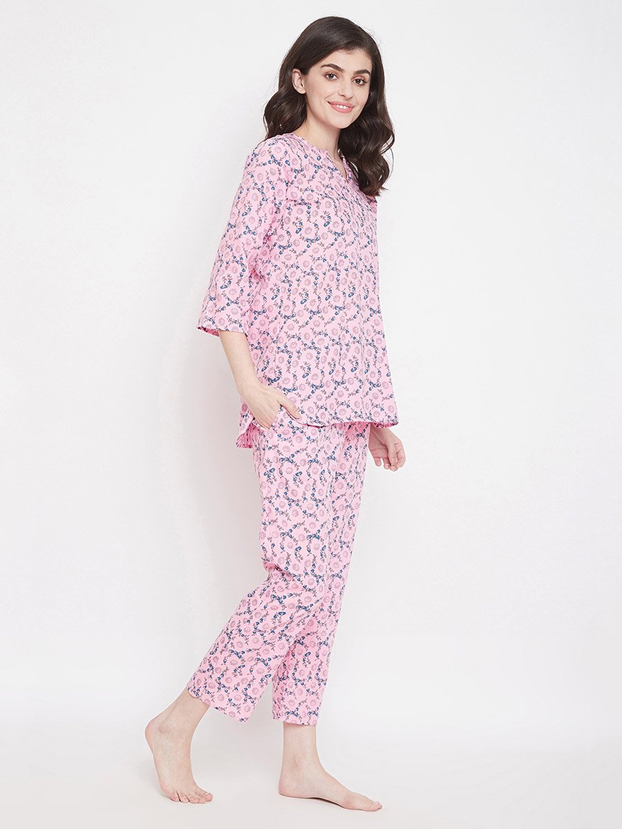 Women Printed Pink Cotton Blend Pyjama Set