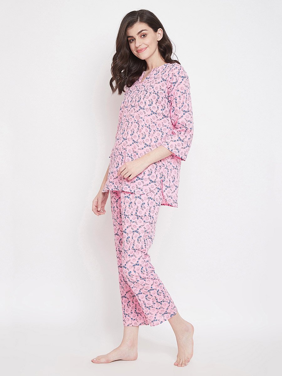Women Printed Pink Cotton Blend Pyjama Set
