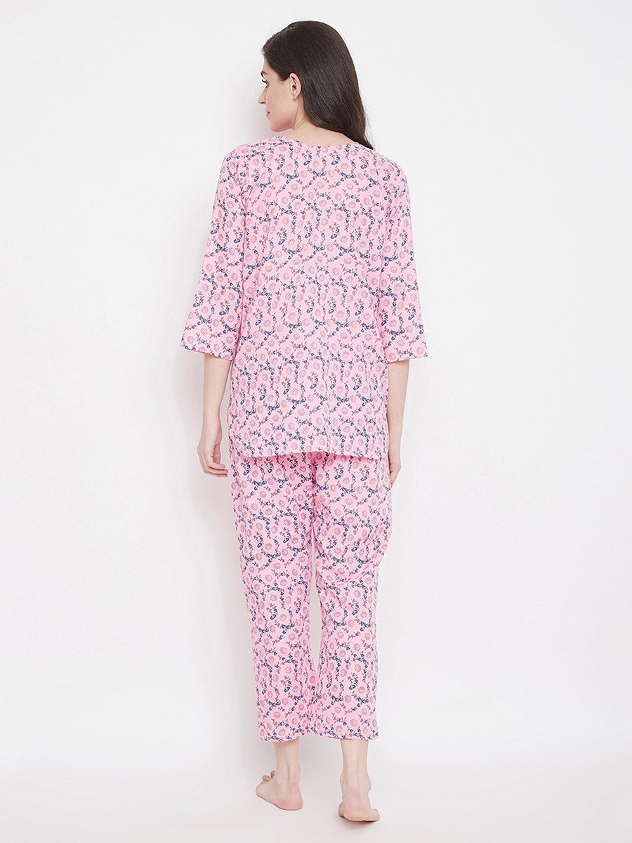 Women Printed Pink Cotton Blend Pyjama Set