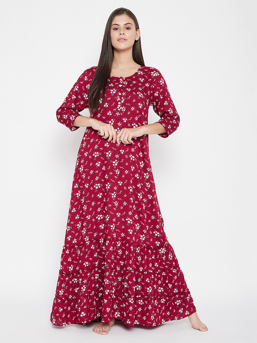 Women Maroon Floral 3/4 Sleeve Nighty Nightdress