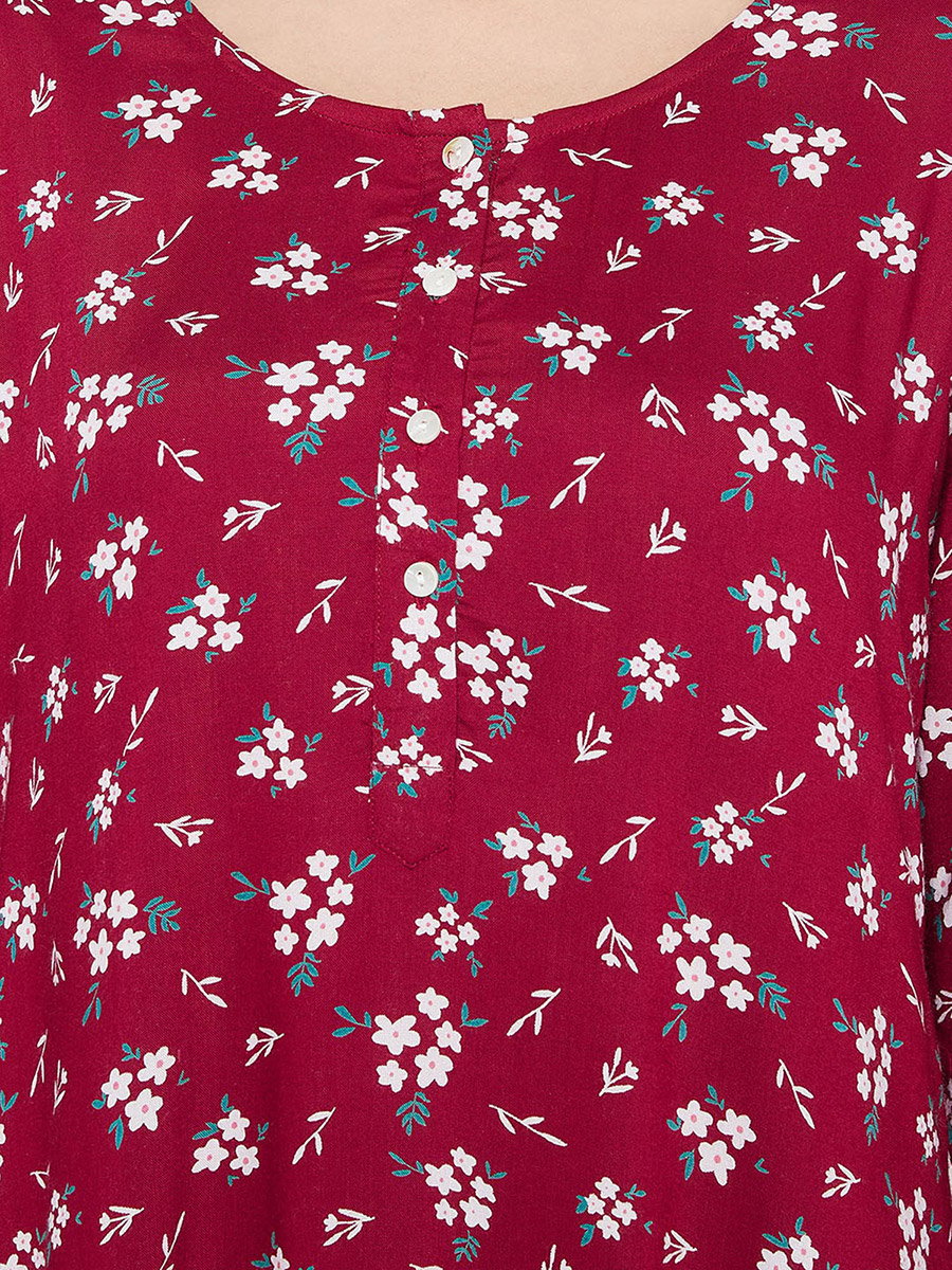 Women Maroon Floral 3/4 Sleeve Nighty Nightdress