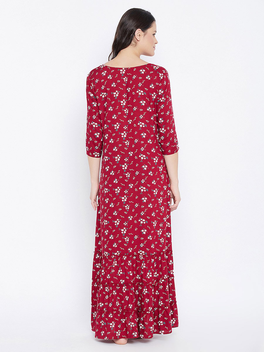 Women Maroon Floral 3/4 Sleeve Nighty Nightdress