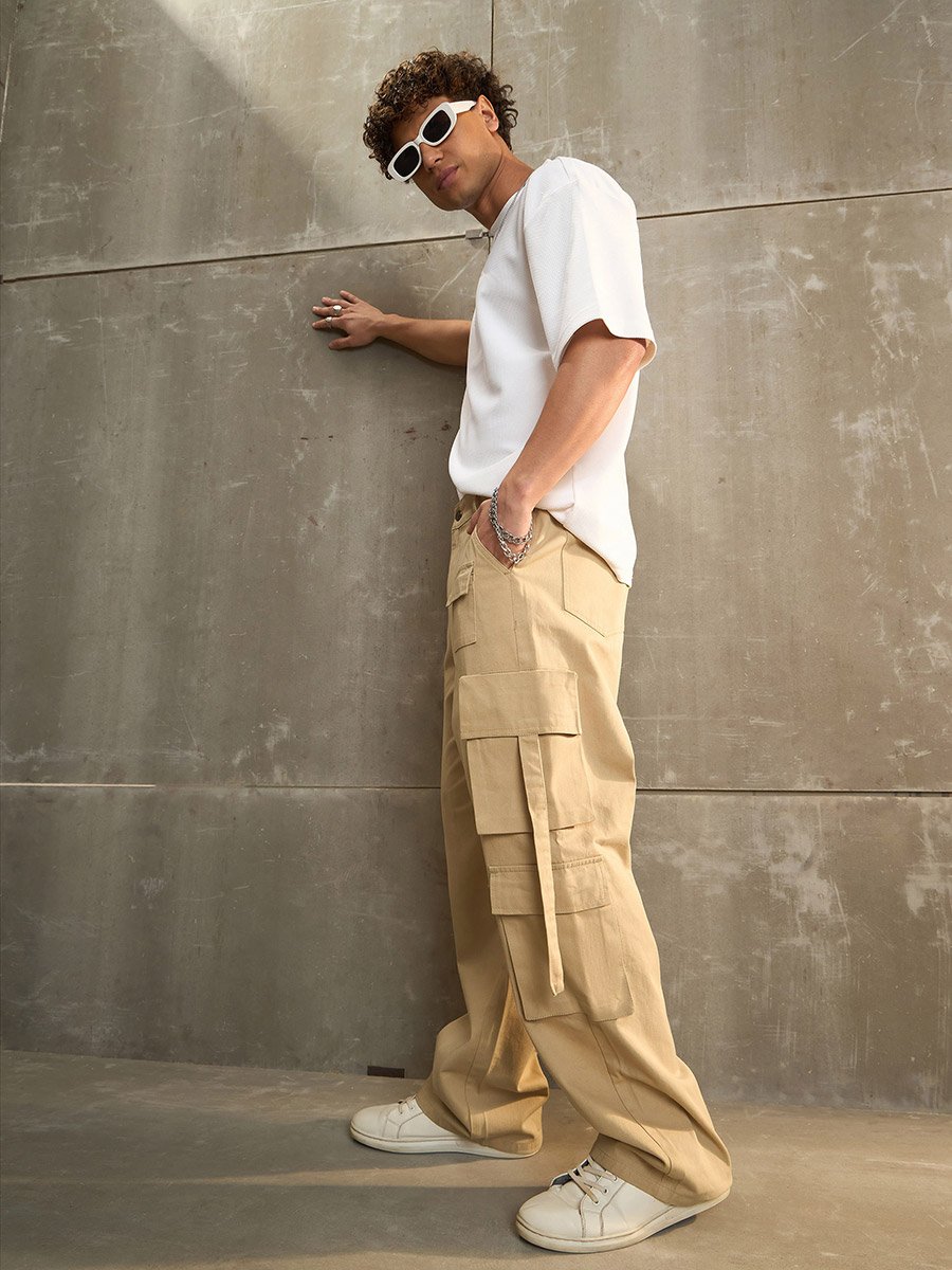 Beige Twill Cargo Pockets Wide Leg Pants