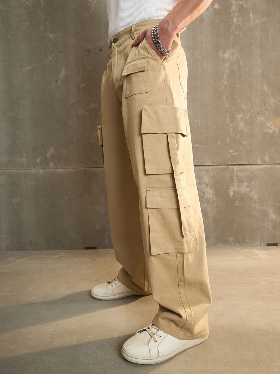 Beige Twill Cargo Pockets Wide Leg Pants