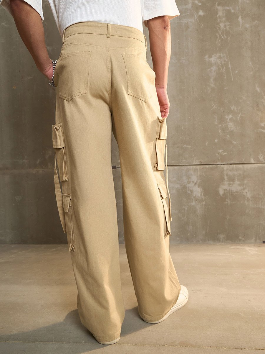 Beige Twill Cargo Pockets Wide Leg Pants
