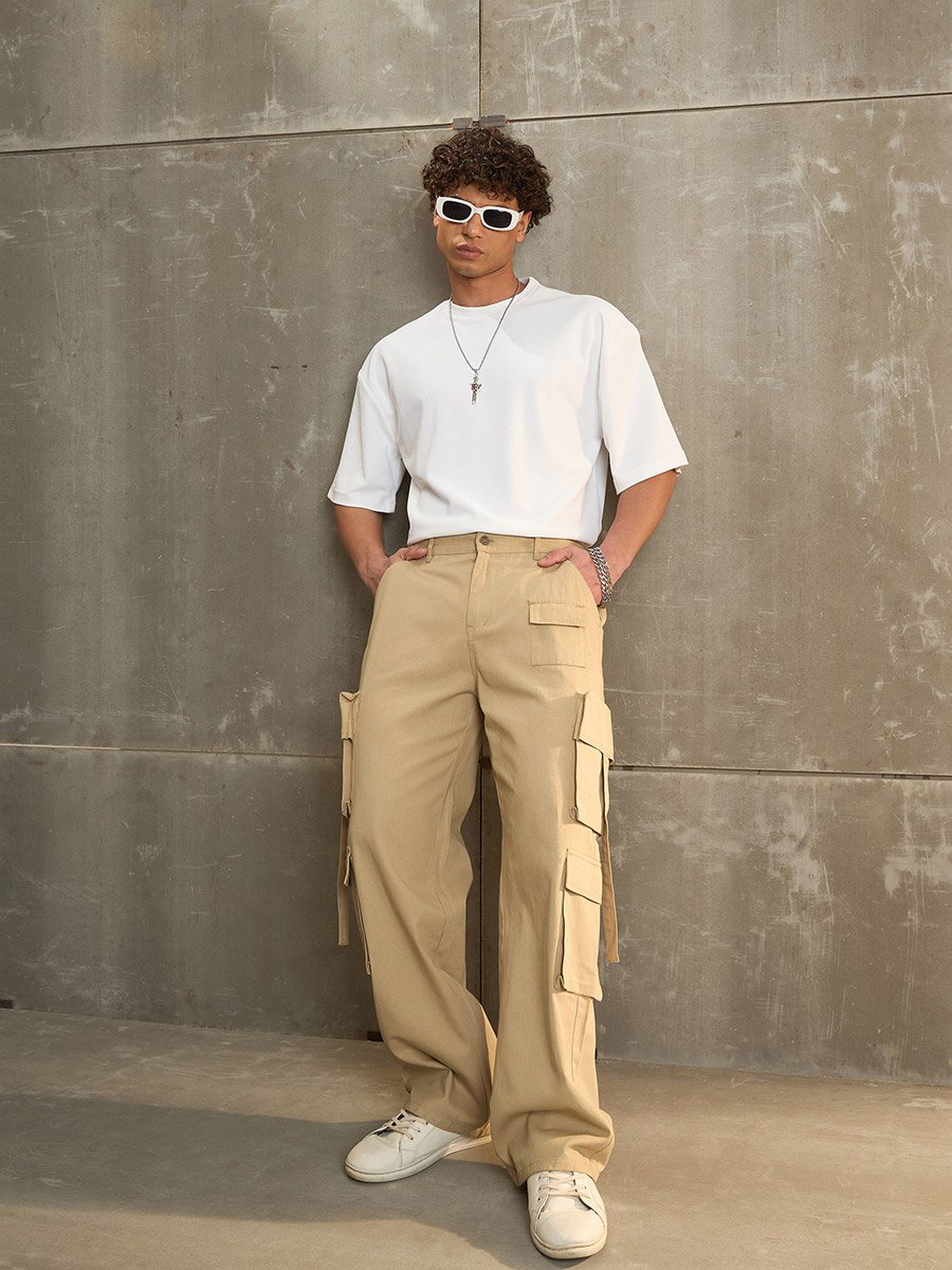 Beige Twill Cargo Pockets Wide Leg Pants
