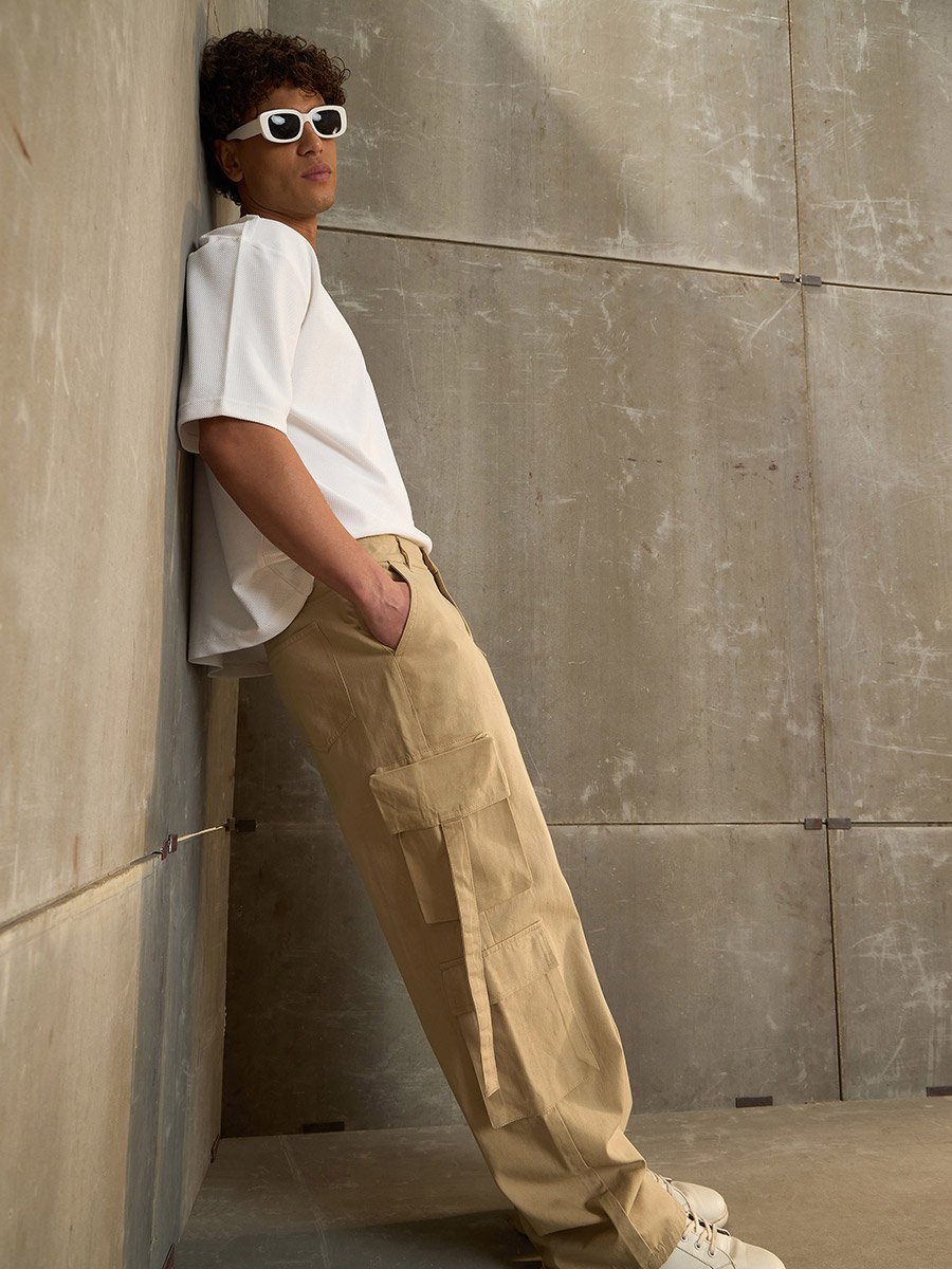 Beige Twill Cargo Pockets Wide Leg Pants