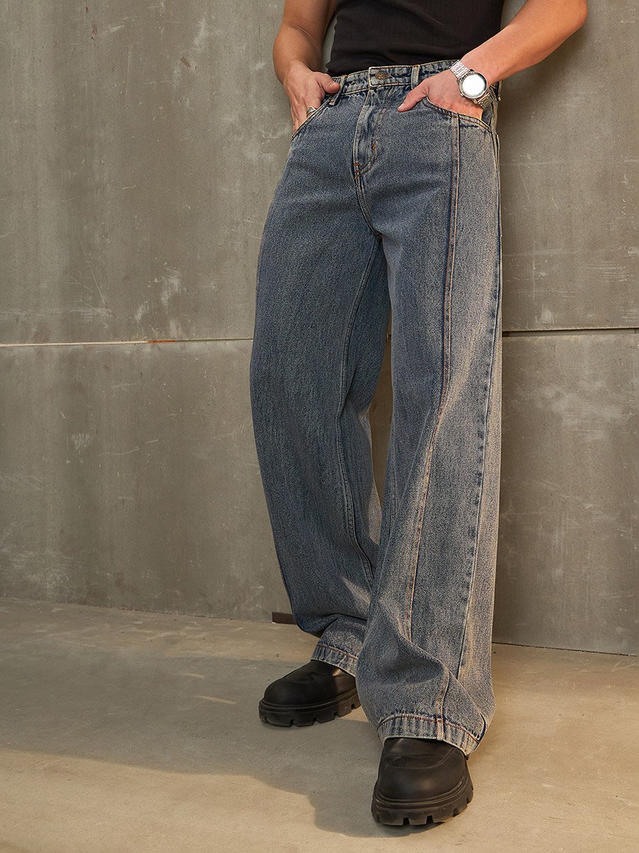 Washed Front Pintuck Detail Wide Leg Jeans