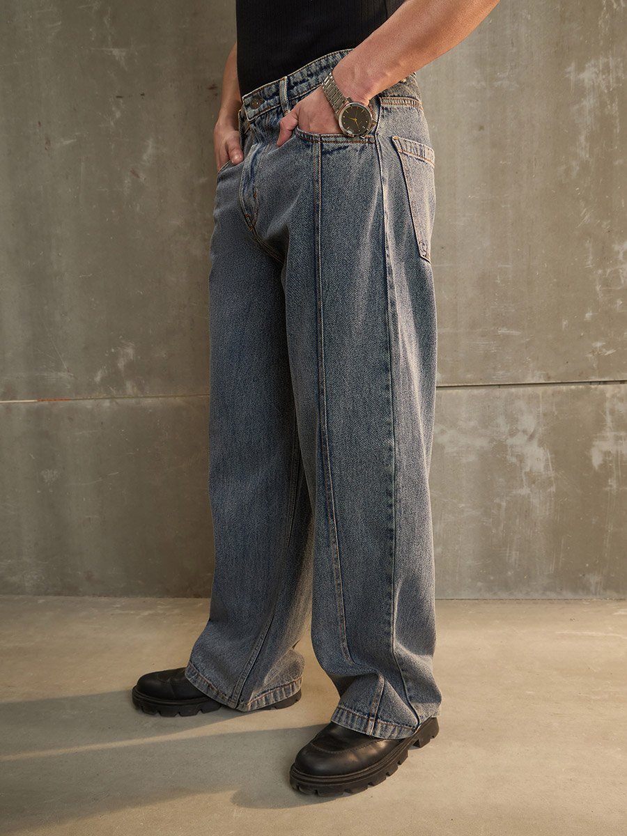 Washed Front Pintuck Detail Wide Leg Jeans