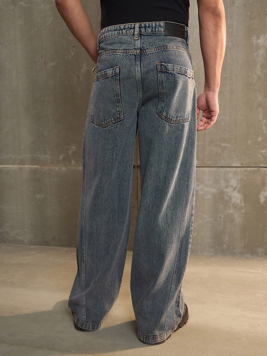 Washed Front Pintuck Detail Wide Leg Jeans