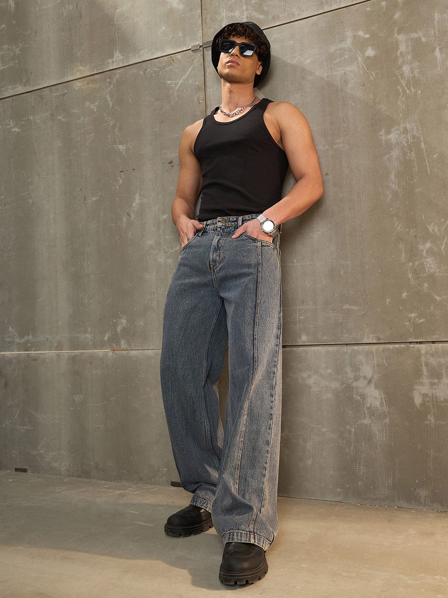 Washed Front Pintuck Detail Wide Leg Jeans