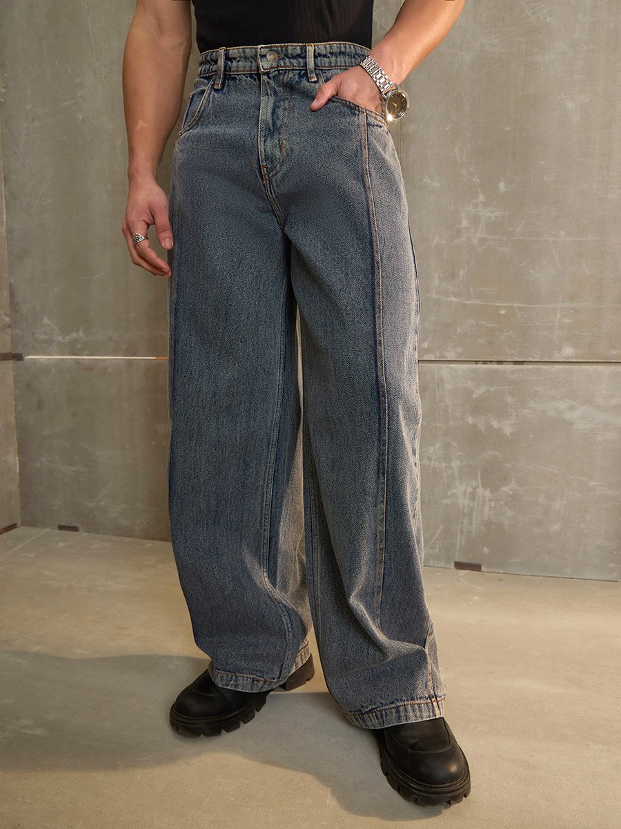 Washed Front Pintuck Detail Wide Leg Jeans
