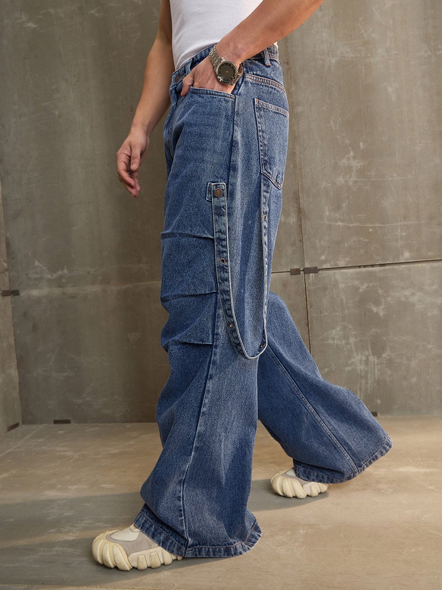 Washed Knee Pleated Wide Leg Jeans