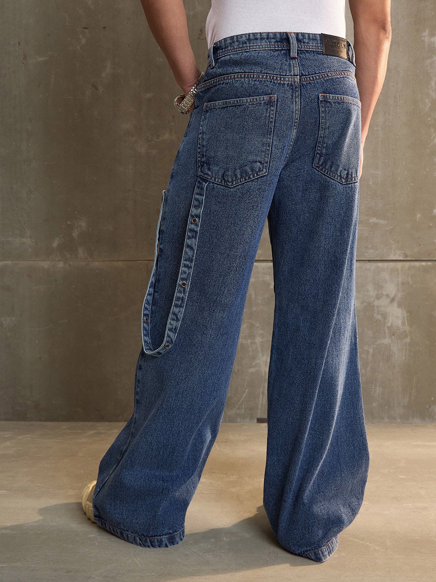 Washed Knee Pleated Wide Leg Jeans