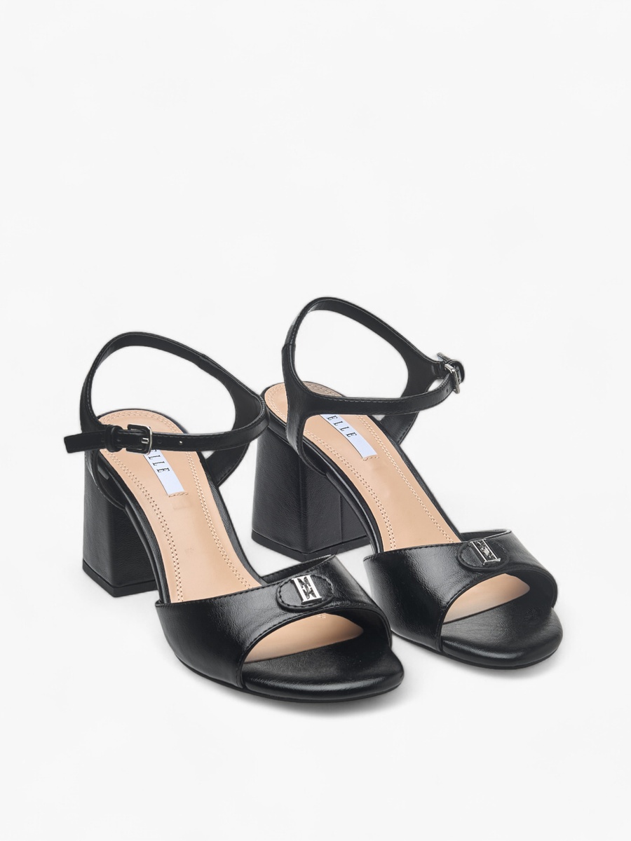 Logo Accent Sandals with Block Heels and Buckle Closure