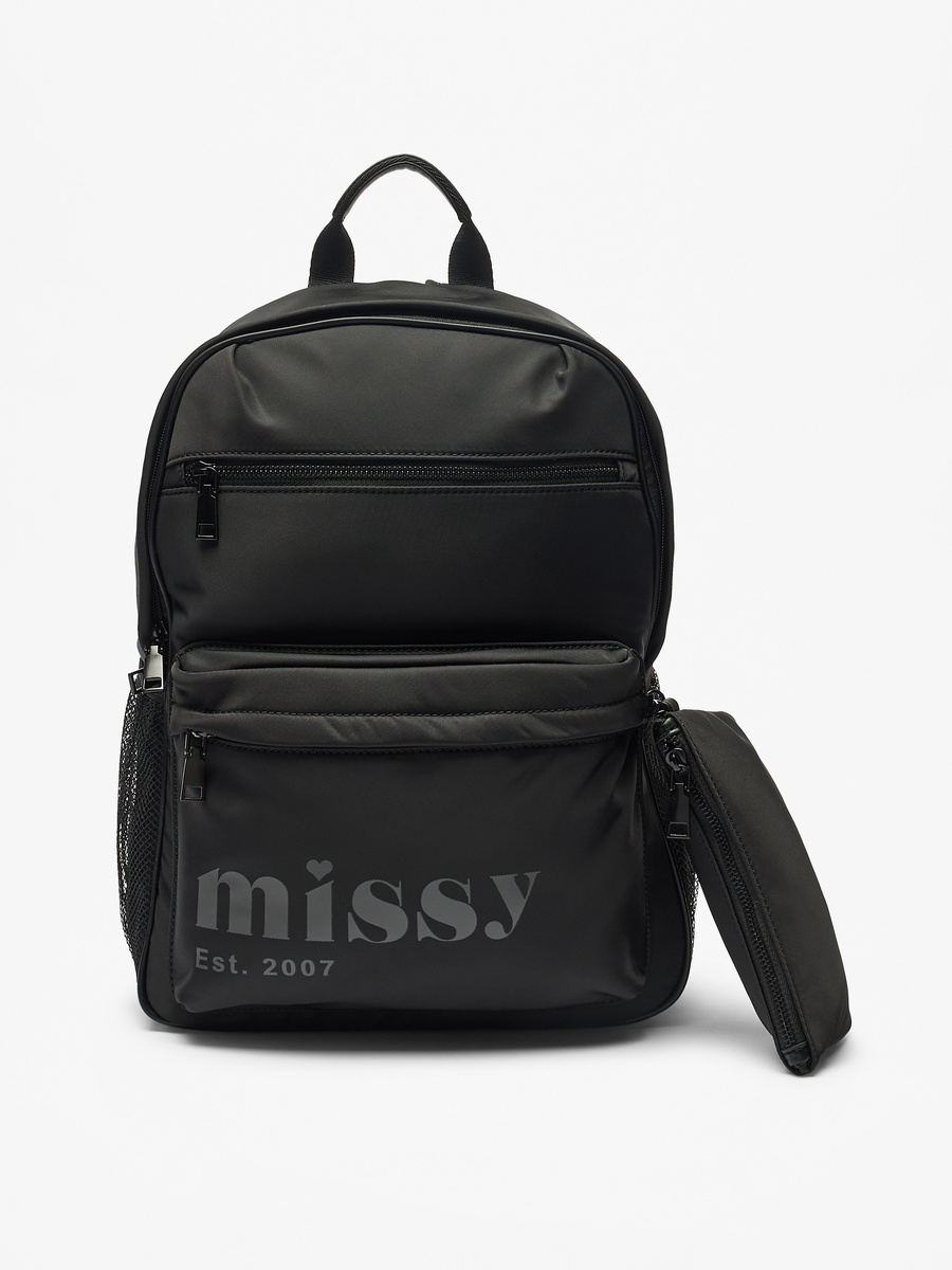 Logo Print Backpack with Adjustable Straps and Pencil Pouch - 30x12x40 cm