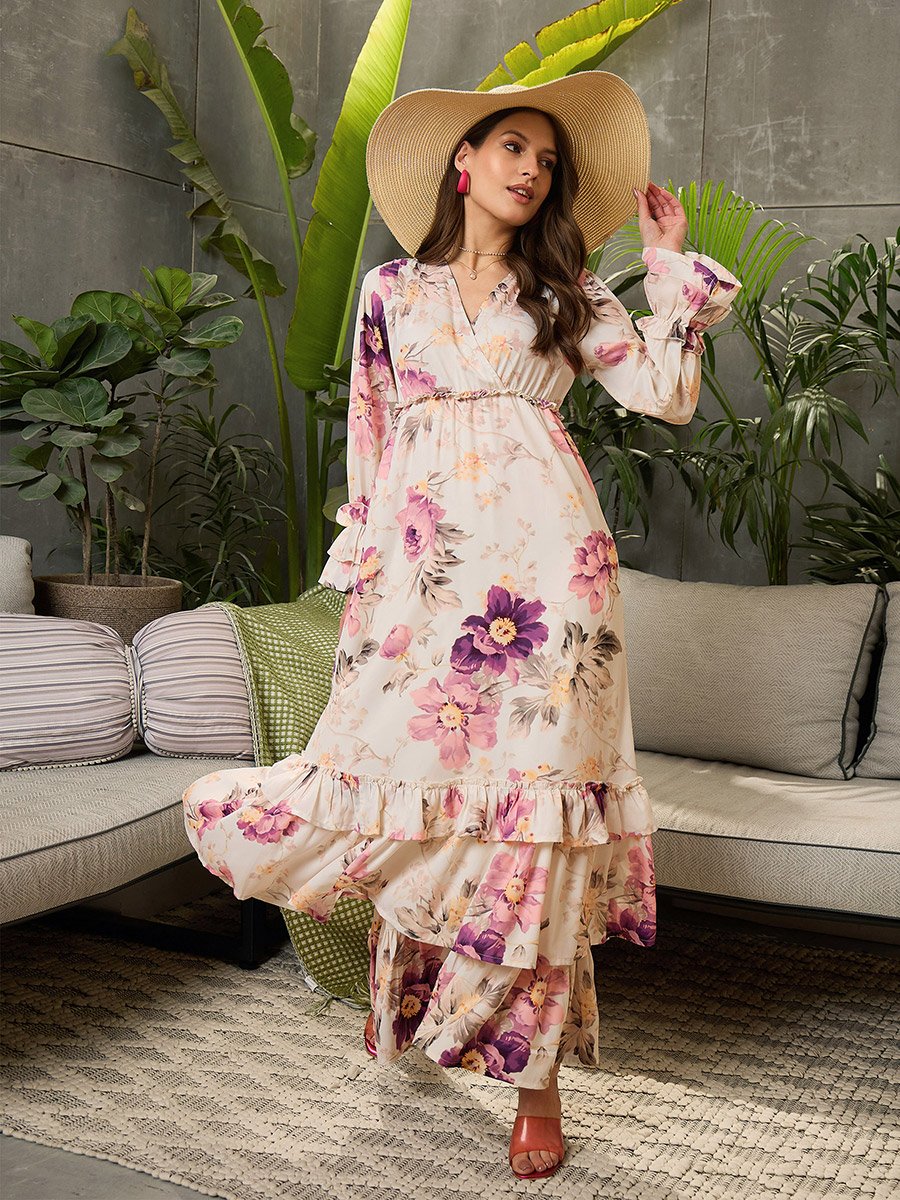 Floral Print V-Neck Flared Maxi Dress For Women at Bahrain | Styli Floral Print V-Neck Flared Maxi Dress For Women at Bahrain | Styli