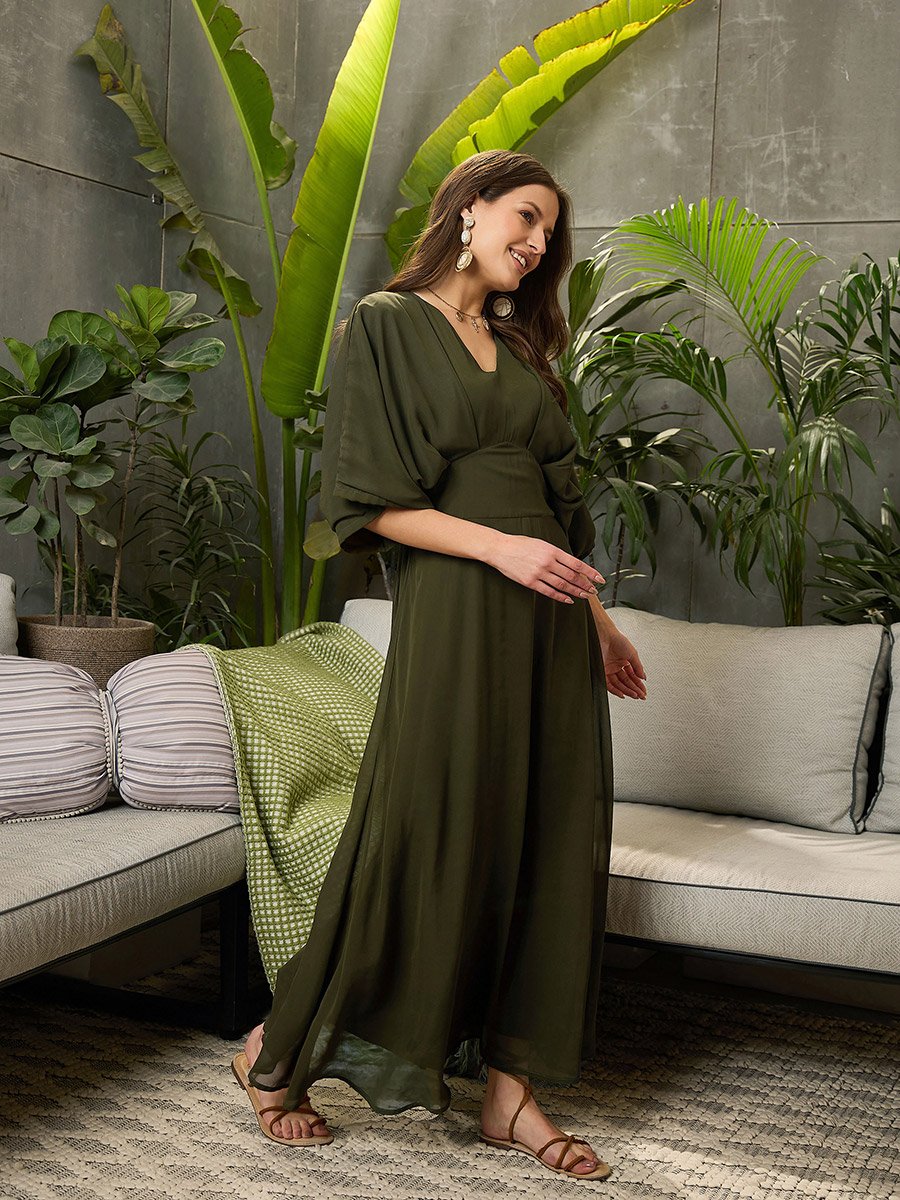 Solid V-Neck Kimono Sleeve Maxi Dress