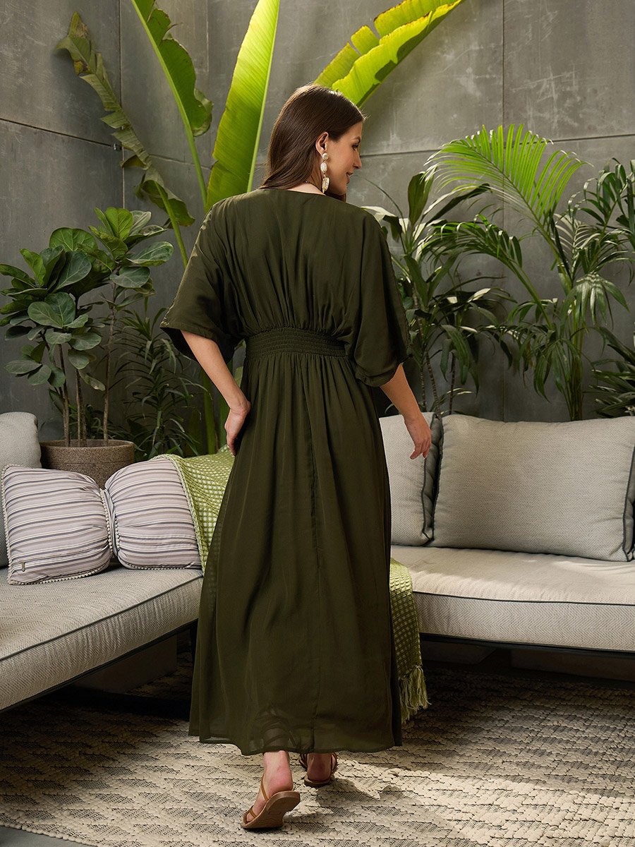 Solid V-Neck Kimono Sleeve Maxi Dress