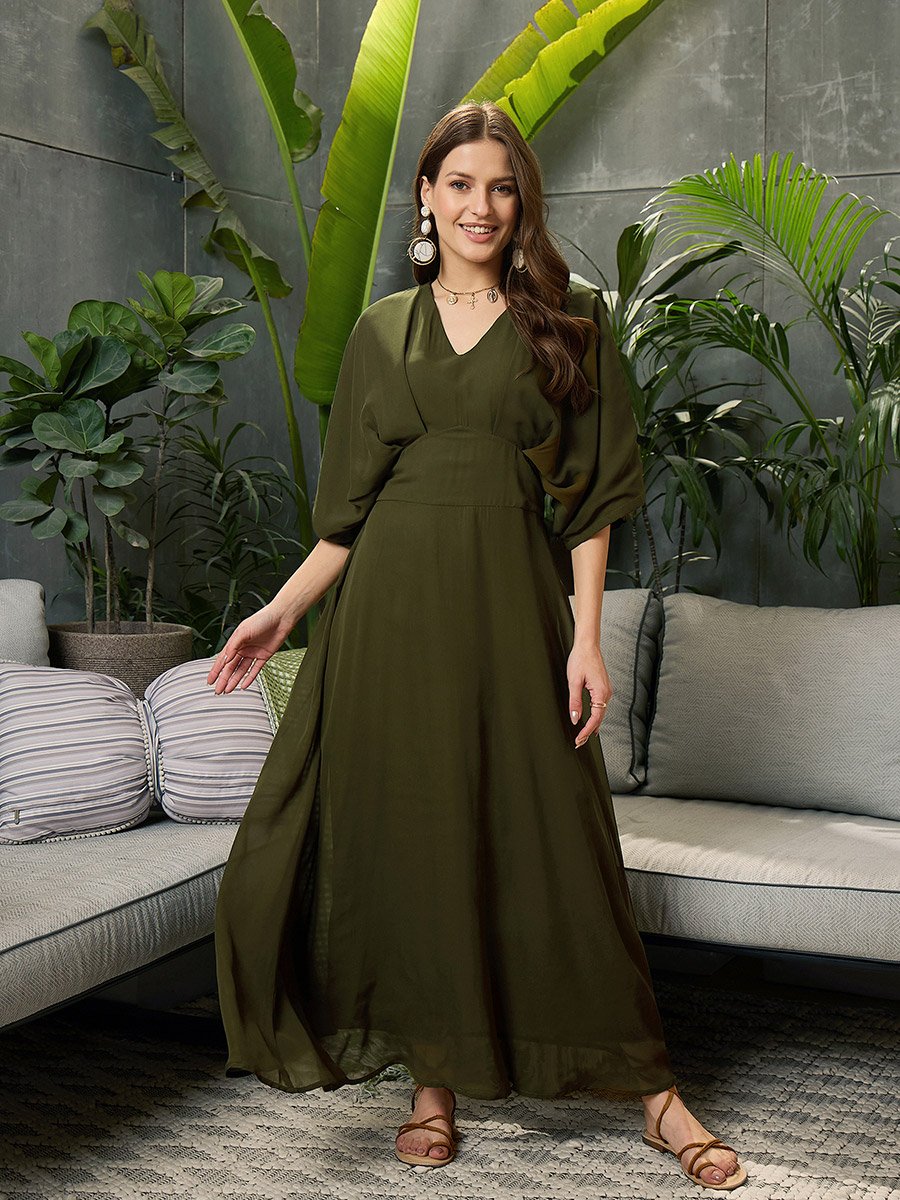 Solid V-Neck Kimono Sleeve Maxi Dress