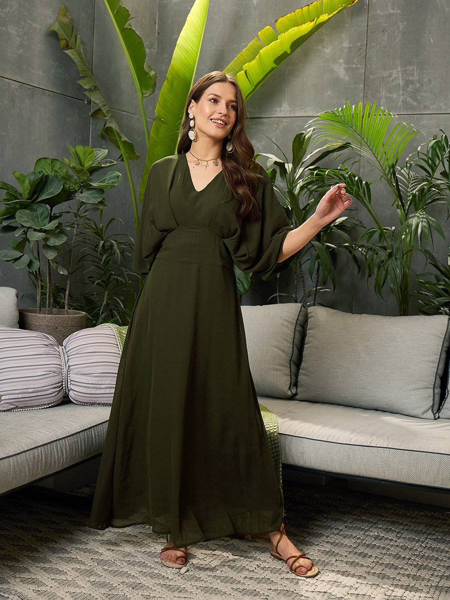 Solid V-Neck Kimono Sleeve Maxi Dress