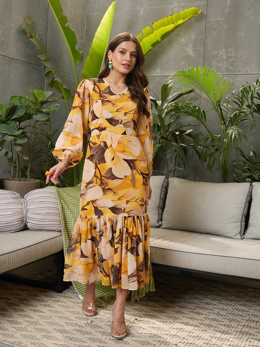Floral Print Balloon Sleeve Maxi Dress