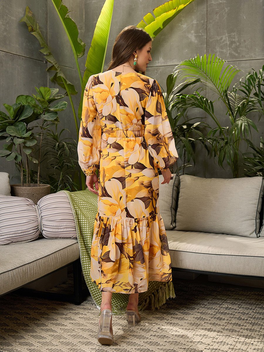 Floral Print Balloon Sleeve Maxi Dress