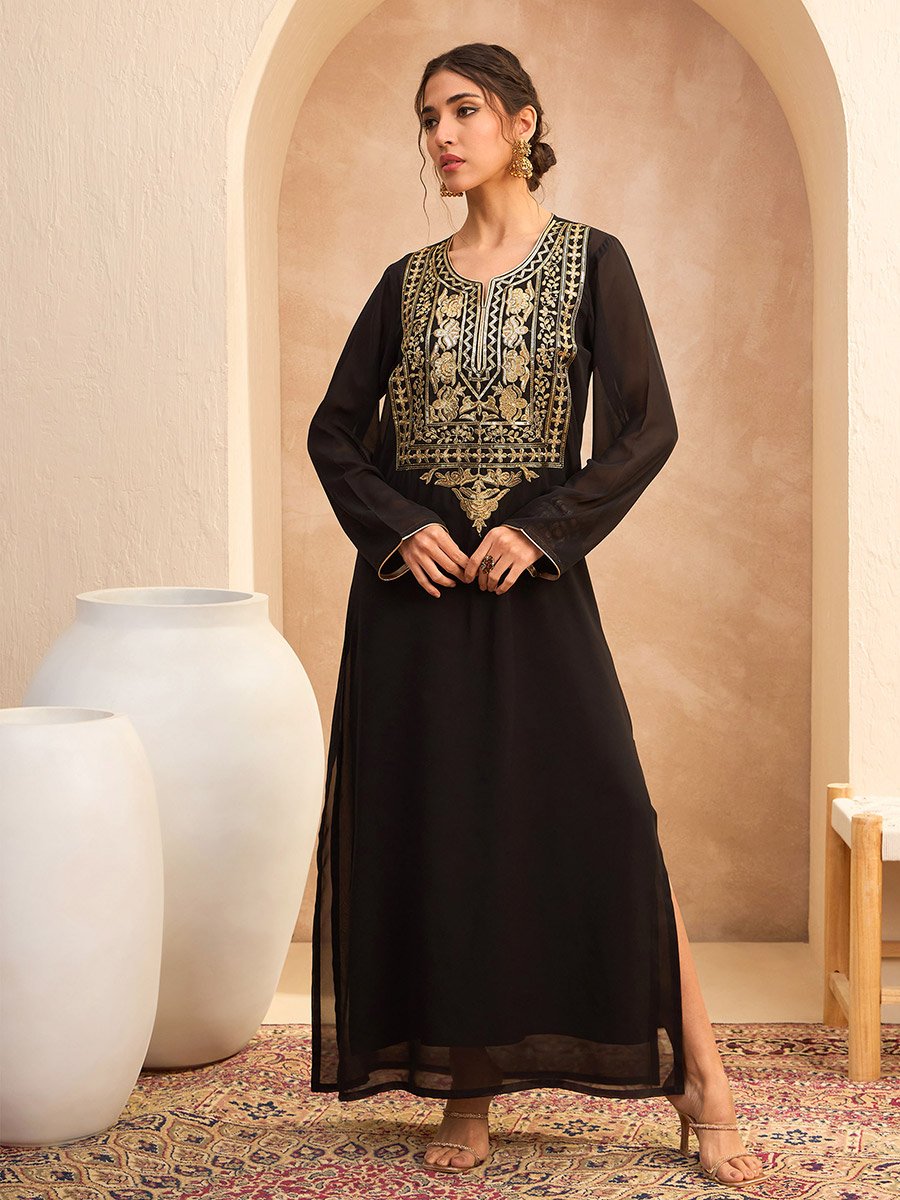 Black Sequined Abaya Dress with Inner Cami Slip For Women at Bahrain | Styli