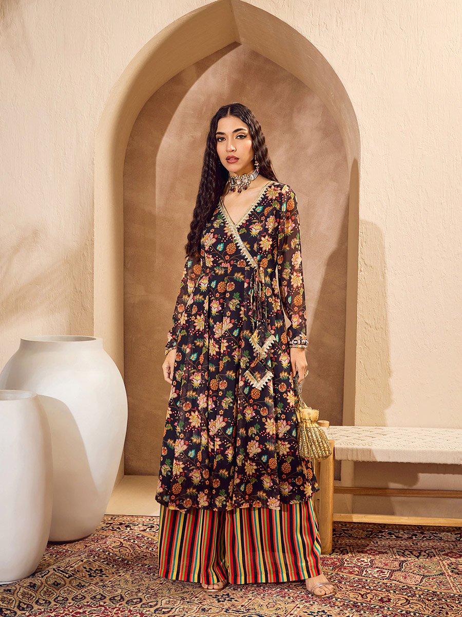 Floral Print Wrap Anarkali Kurta with Palazzos Set