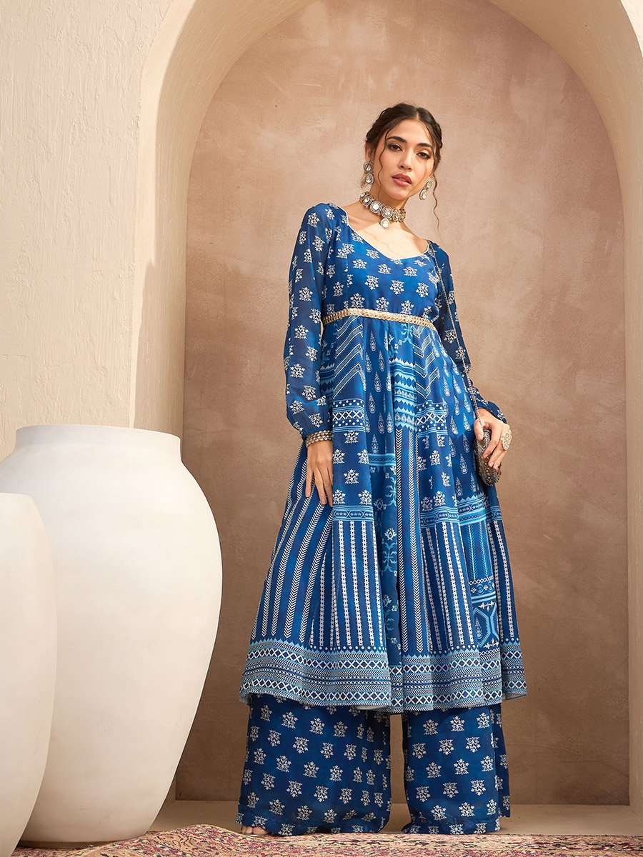 Floral Print Sweetheart Neck Anarkali Kurta with Palazzos Set