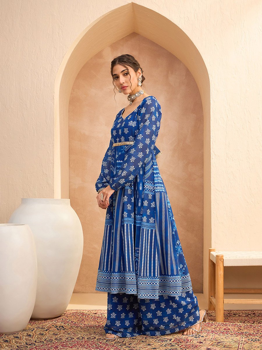 Floral Print Sweetheart Neck Anarkali Kurta with Palazzos Set