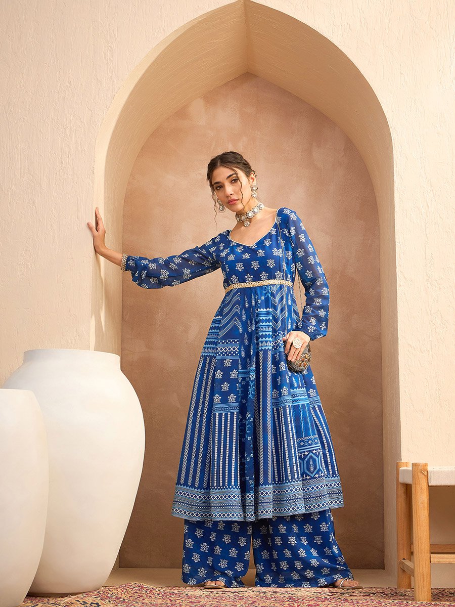 Floral Print Sweetheart Neck Anarkali Kurta with Palazzos Set