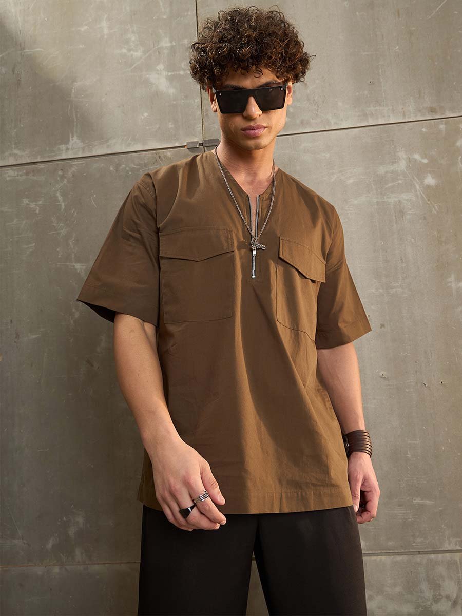 Brown Poplin Front Zipper Relaxed Fit Shirt