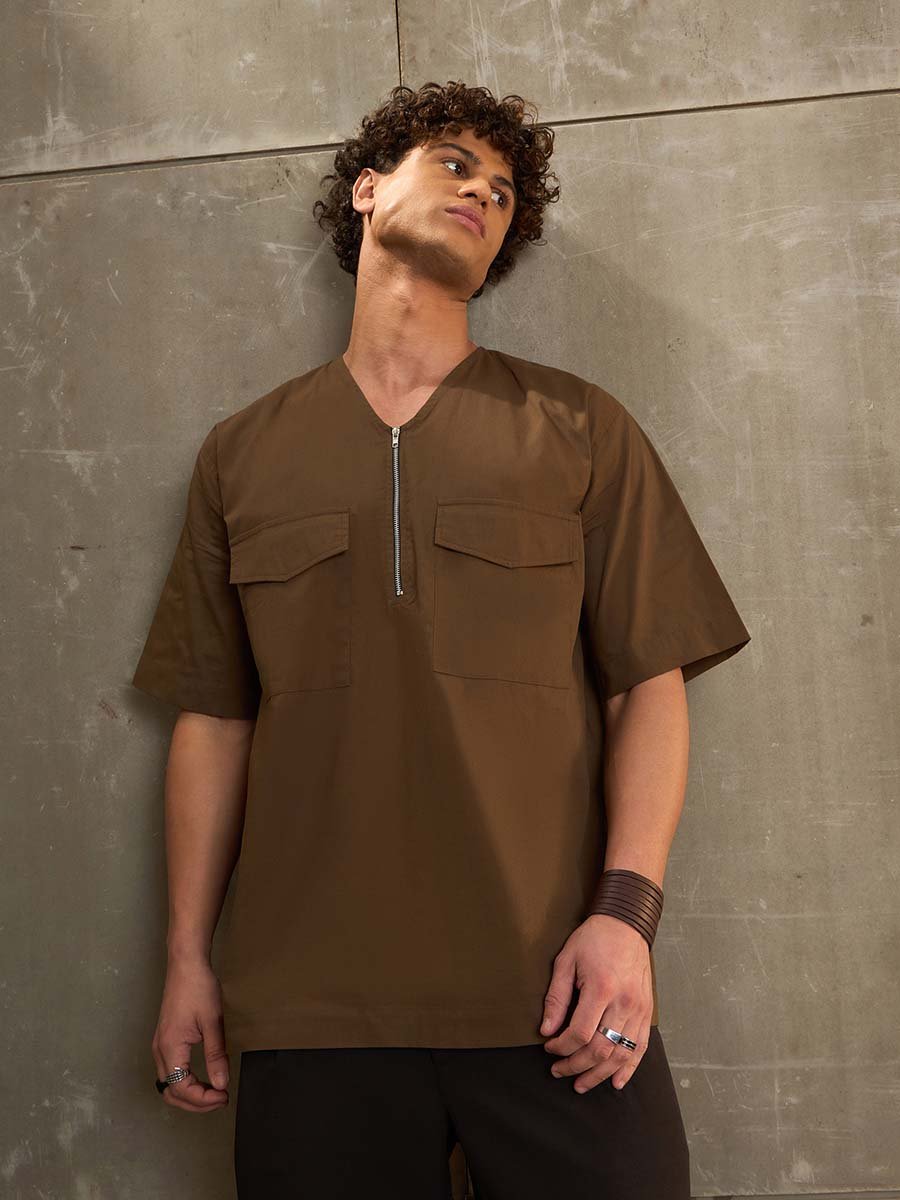 Brown Poplin Front Zipper Relaxed Fit Shirt